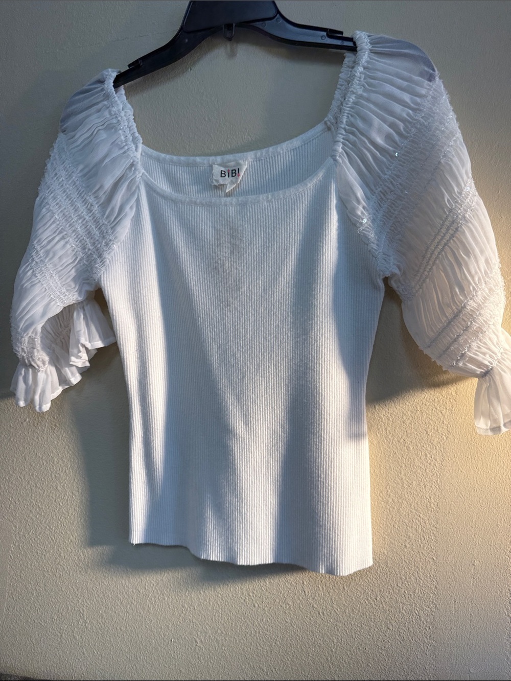 Sassy BiBi White Ribbed Square-Neck Top with Puff Sleeves